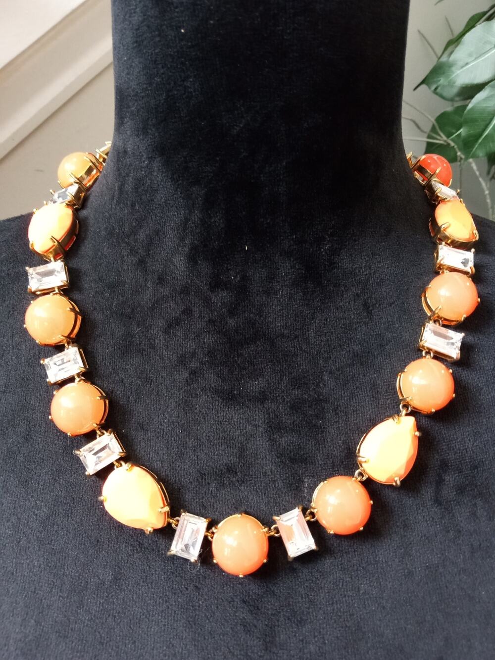 Orange Cabochon Rhinestone Statement Necklace Gold Tone Bib Vintage Style Chic